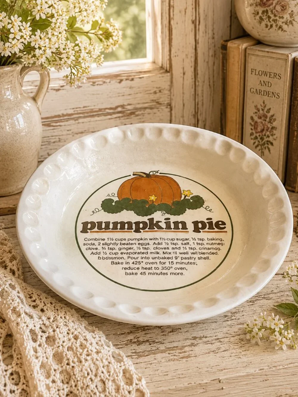 Vintage Pottery Embossed Rim Pumpkin Pie Plate With a Printed Pie Recipe